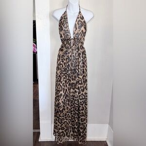 Leopard Sheer Backless Beach Maxi Dress. Cover Up Women Med